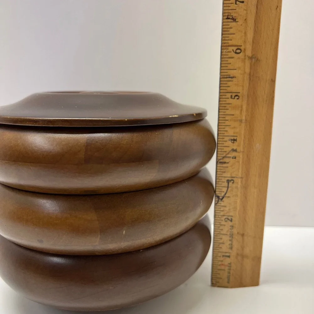 Hellerware 3 Piece Turned Stacking Wood With Lid MCM‎ Ribbed Beehive Nesting VTG